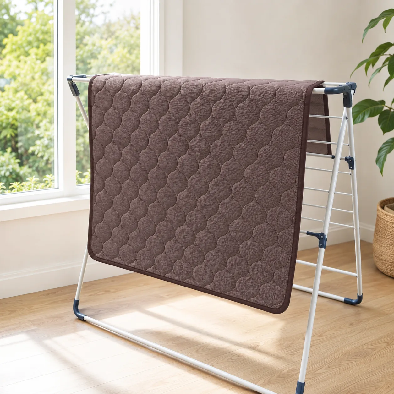 Brown cooling mat hung to dry on a drying rack by the window