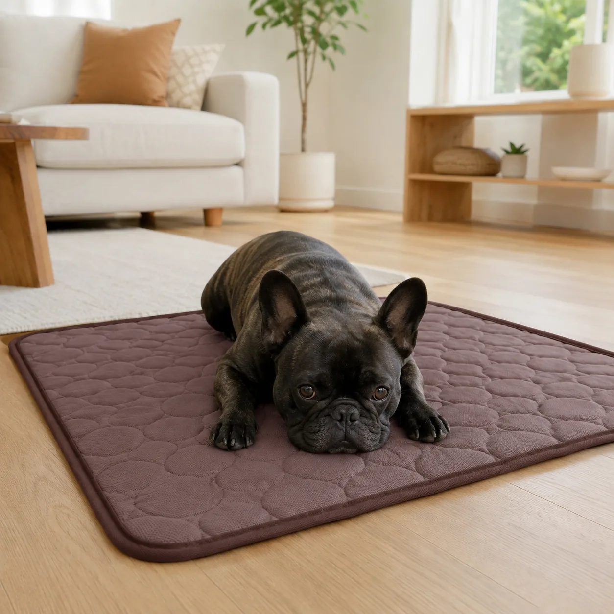 French Bulldog lying belly down on a brown Frimouf cooling mat