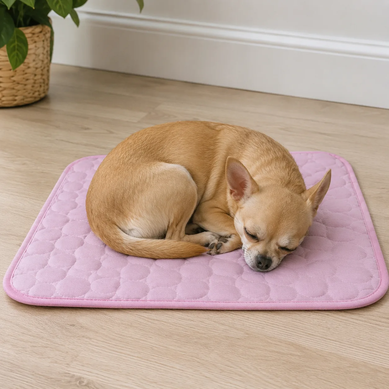 A Chihuahua curled up on a small pink cooling mat