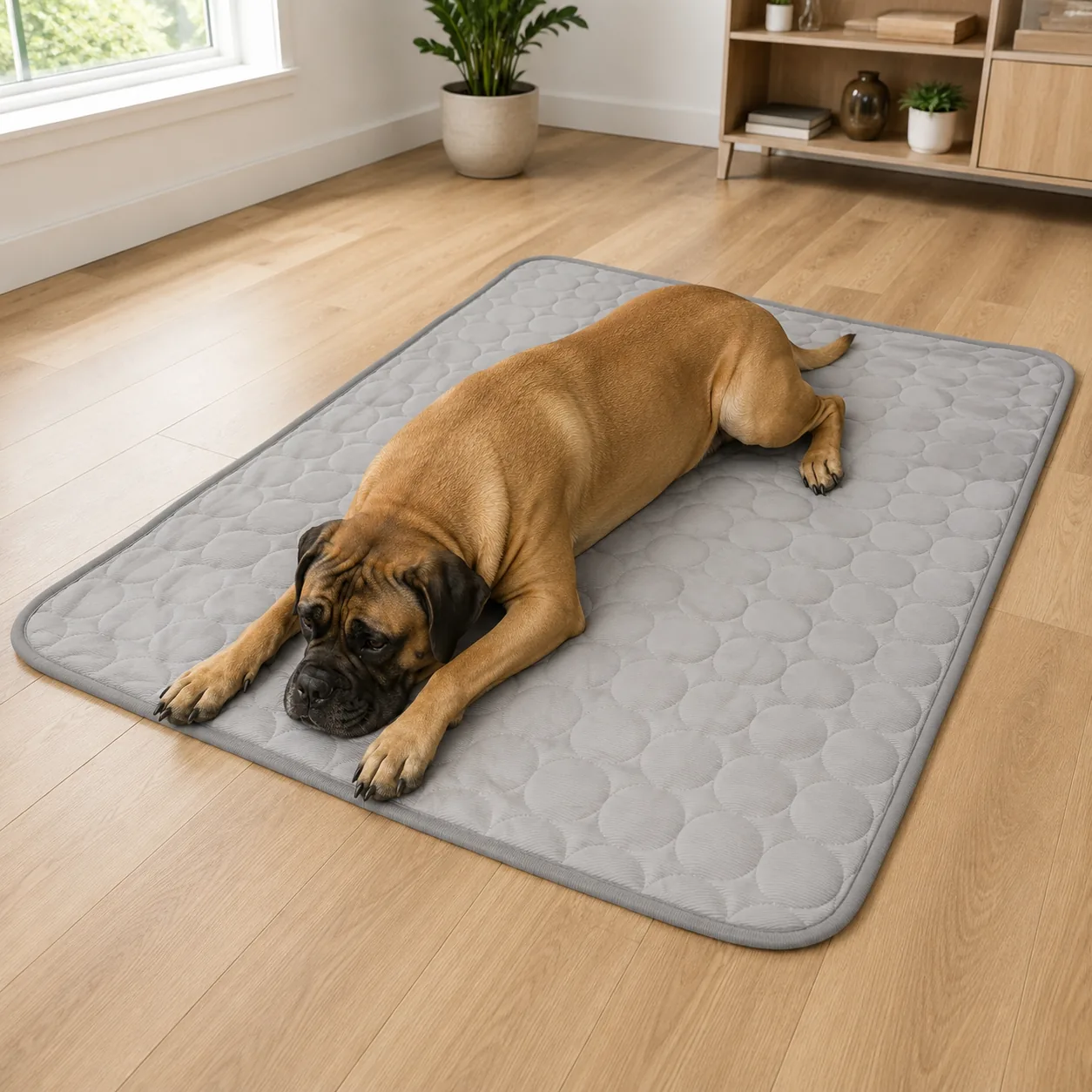 Large mastiff-type dog stretched out on the XL, 59 by 39.4 inches