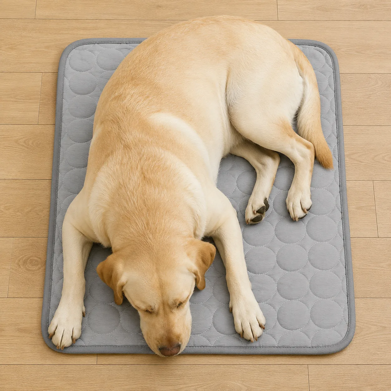Labrador seen from above lying on a gray Frimouf cooling mat, its body covering nearly the whole surface