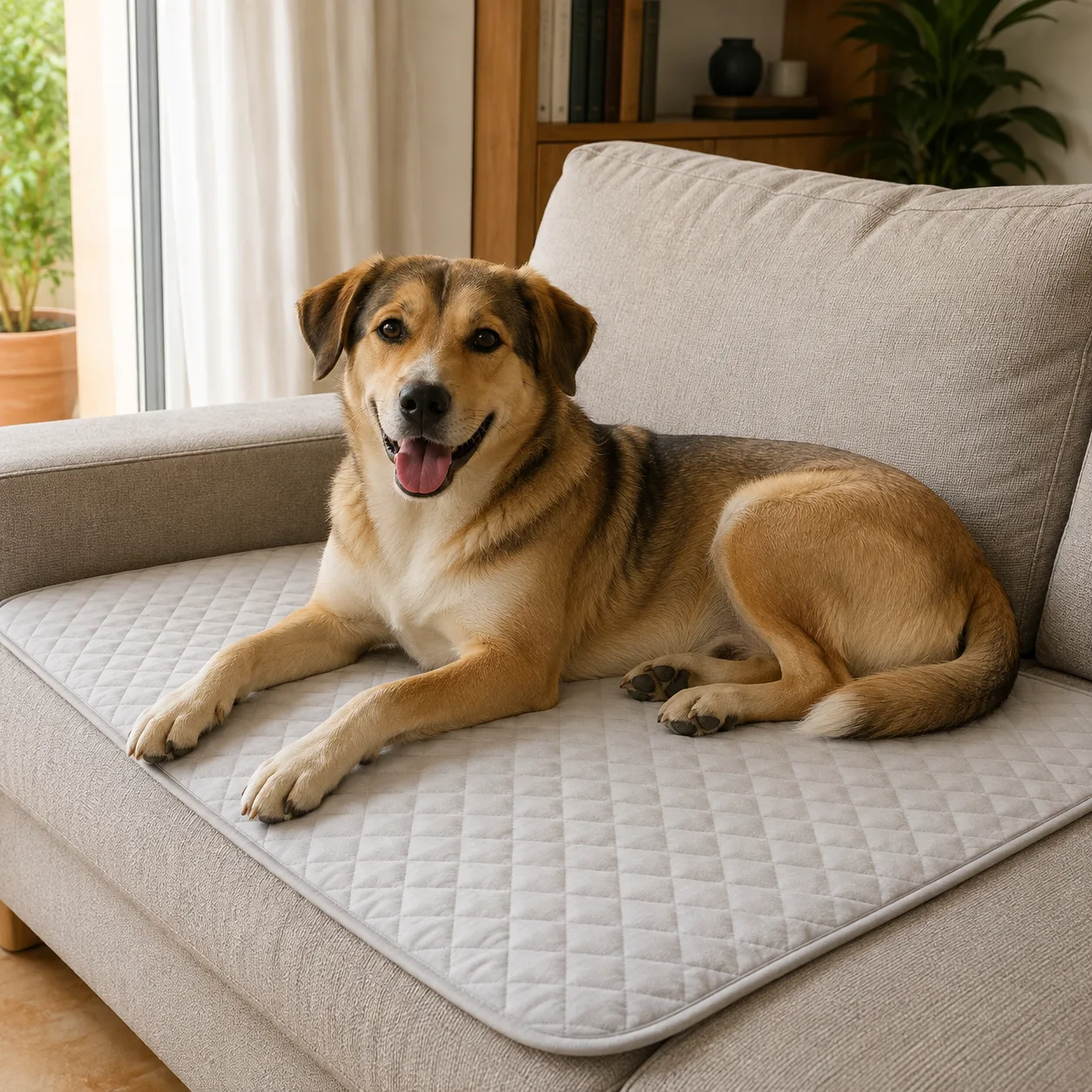 A mixed-breed dog lying on a light gray Frimouf Ice cooling mat spread across a couch cushion beside a window