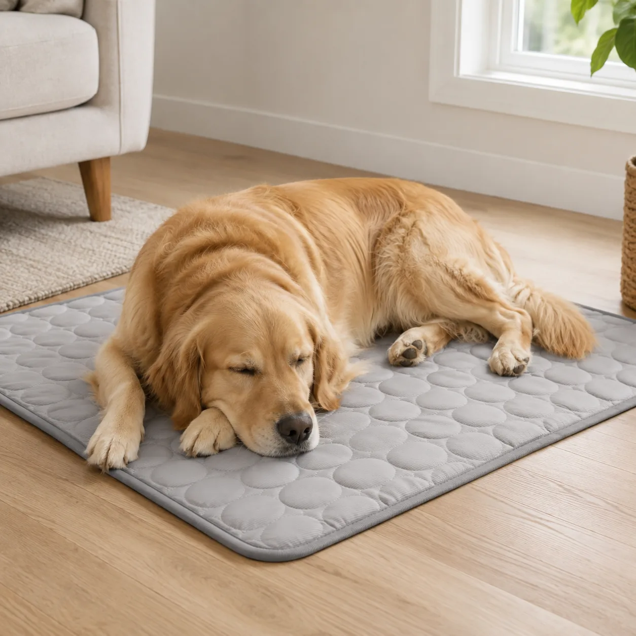 Golden retriever asleep with its head on its paws on a gray cooling mat