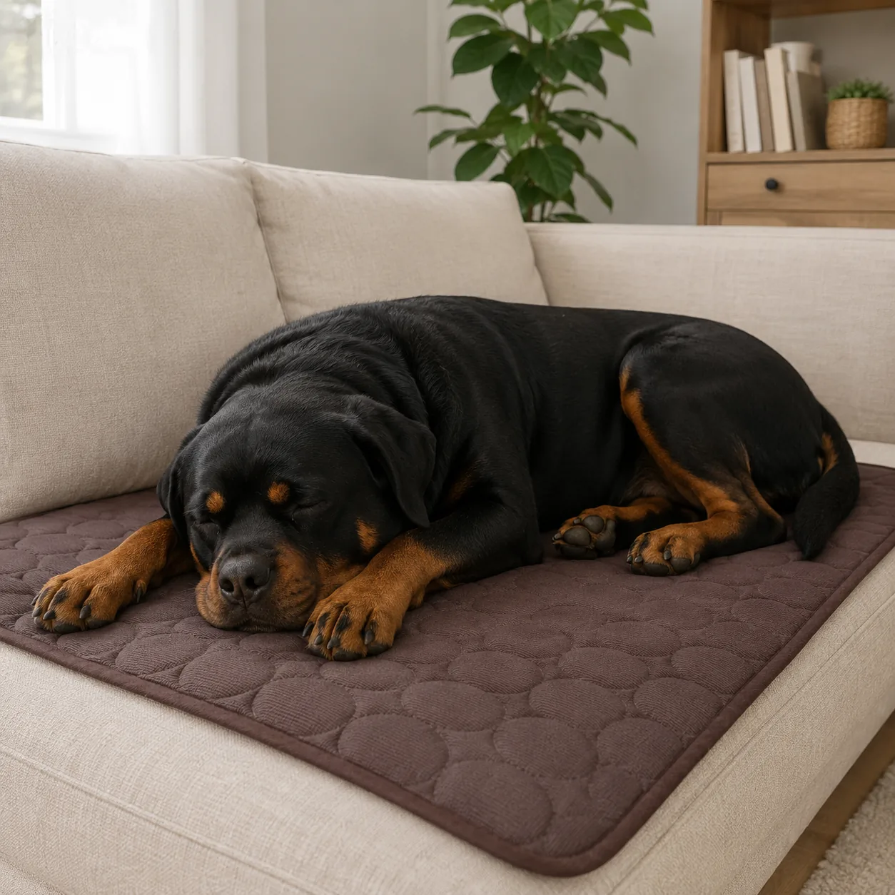 Rottweiler asleep on a brown Frimouf cooling mat laid out on the couch