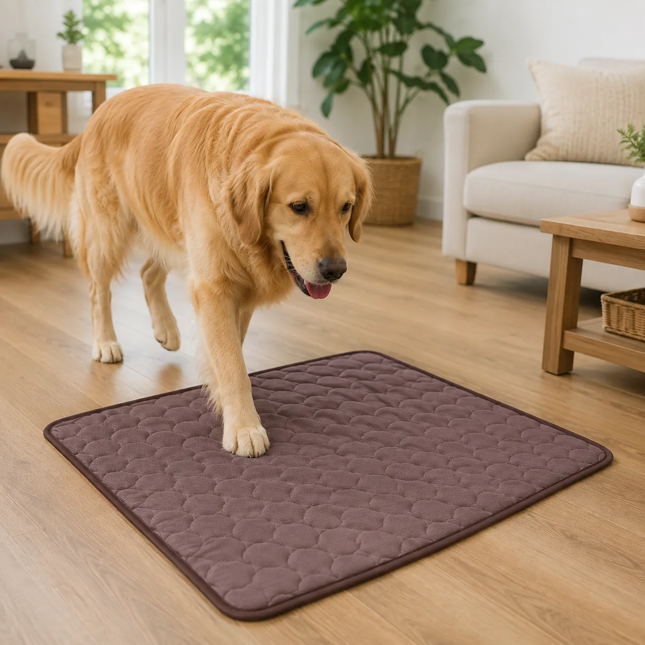 Golden retriever stepping onto a brown Frimouf cooling mat by itself, one paw already on