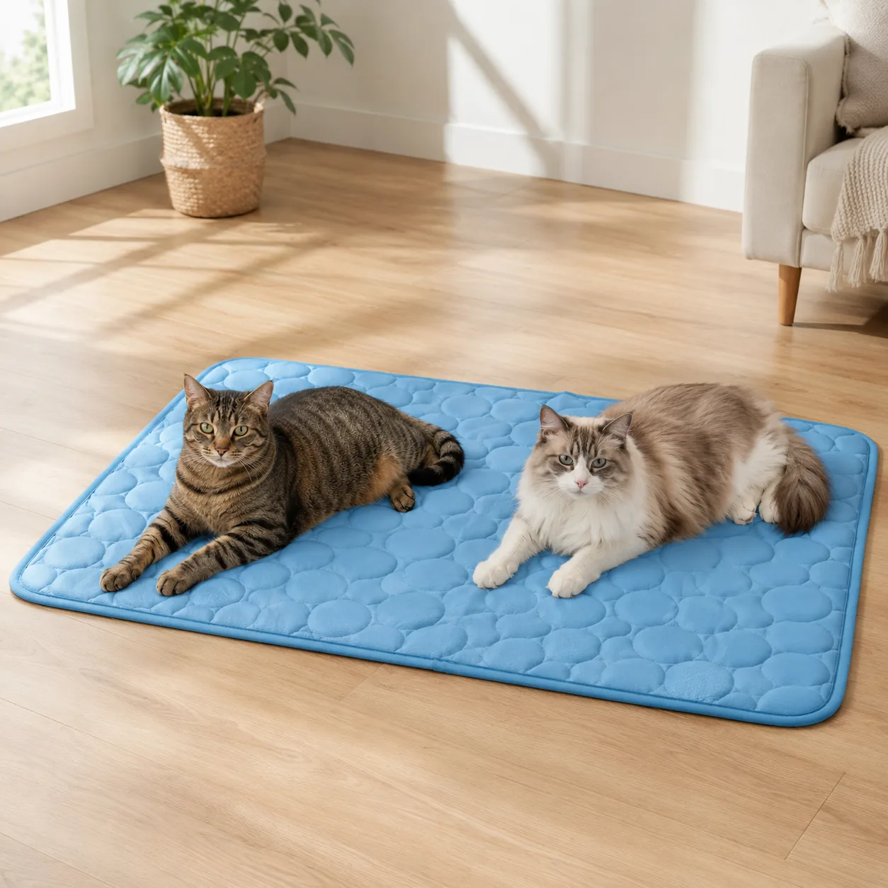 Two cats lying next to each other on a large blue Frimouf cooling mat