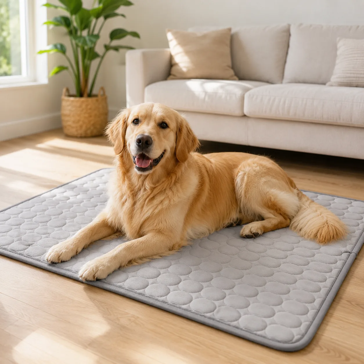 A Golden Retriever on a gray Frimouf Ice cooling mat in a living room