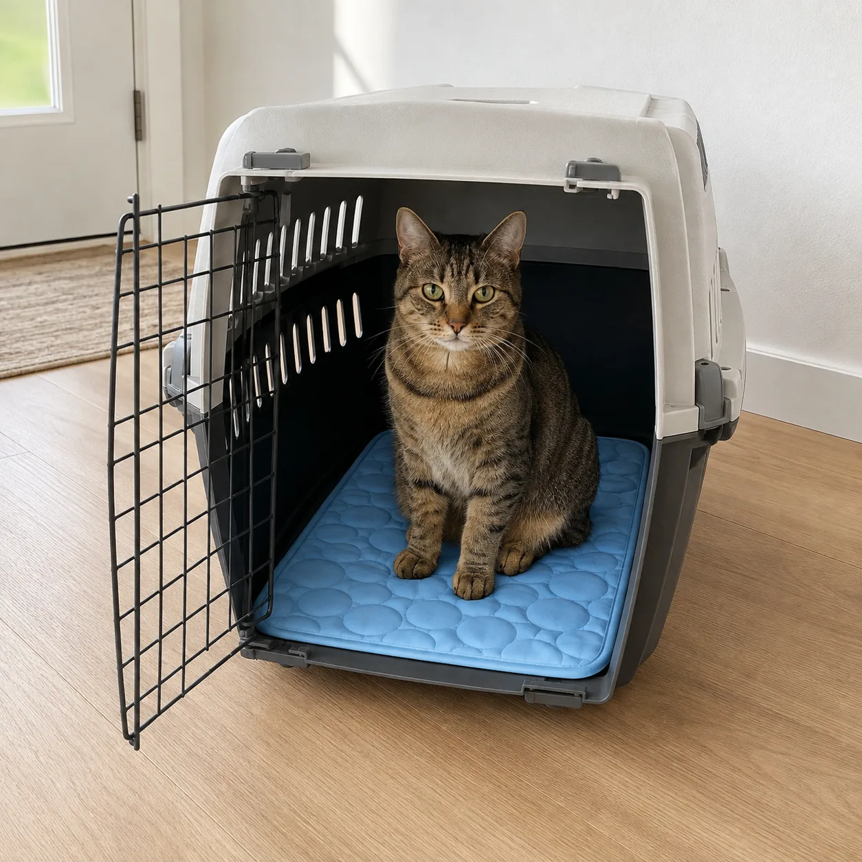 Tabby cat sitting on a blue Frimouf cooling mat in the base of an open carrier