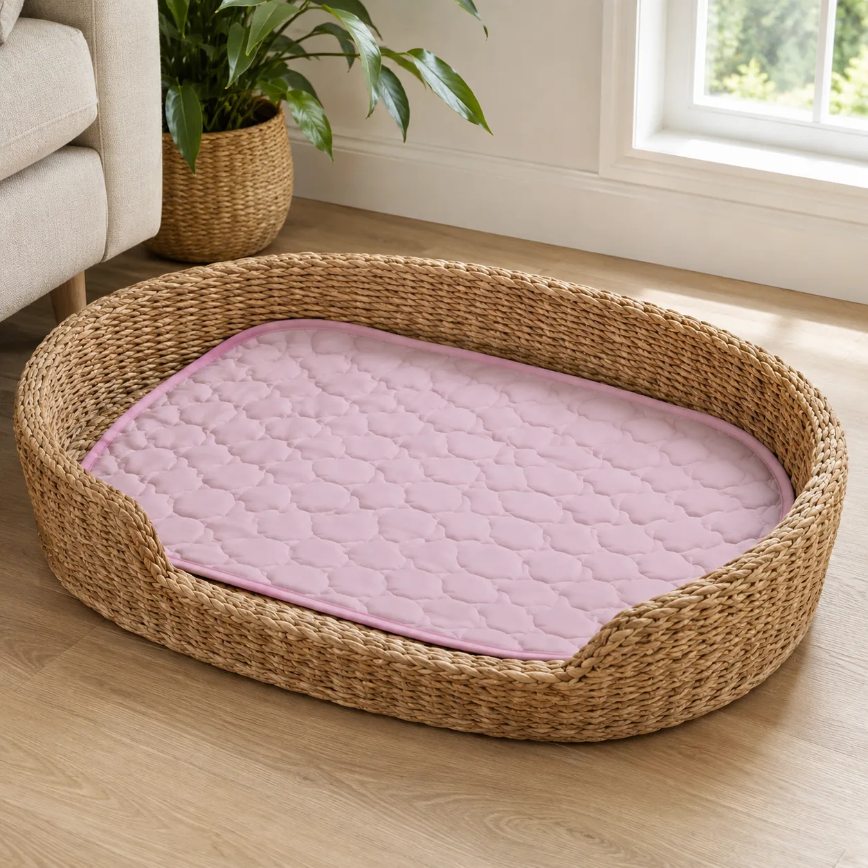 Pink Frimouf cooling mat laid in the base of a wicker dog bed