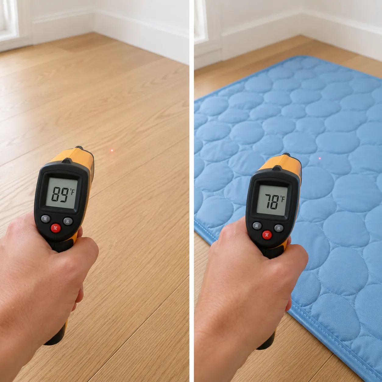 89 degrees on the floor against 78 degrees on the Frimouf Ice cooling mat, measured with an infrared thermometer