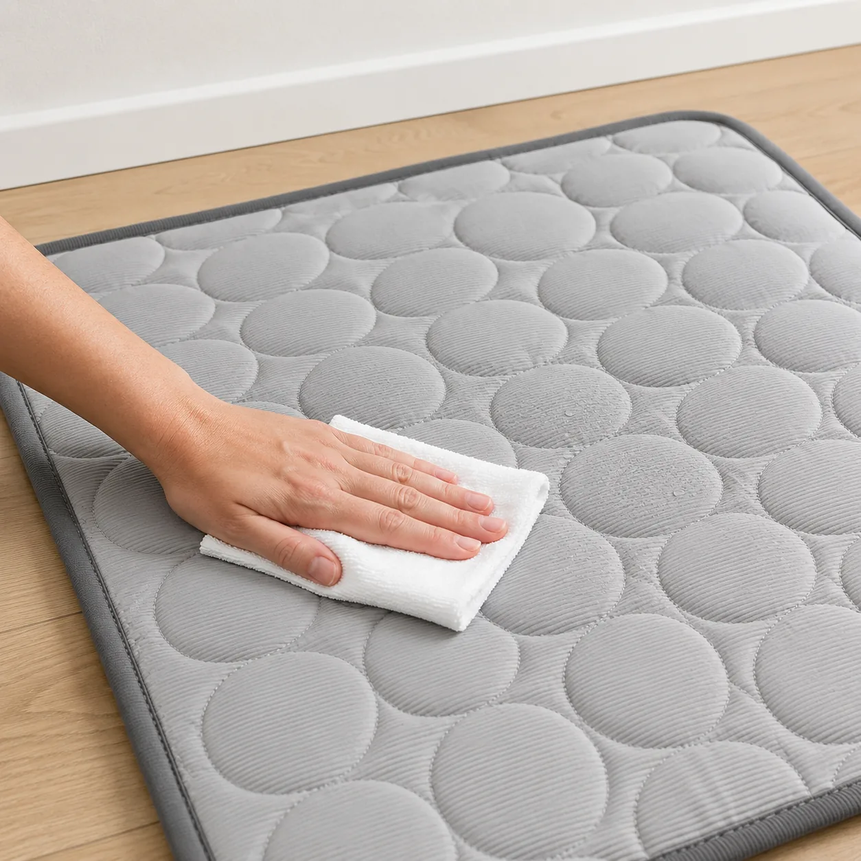 A hand wiping the surface of the gray mat with a damp cloth