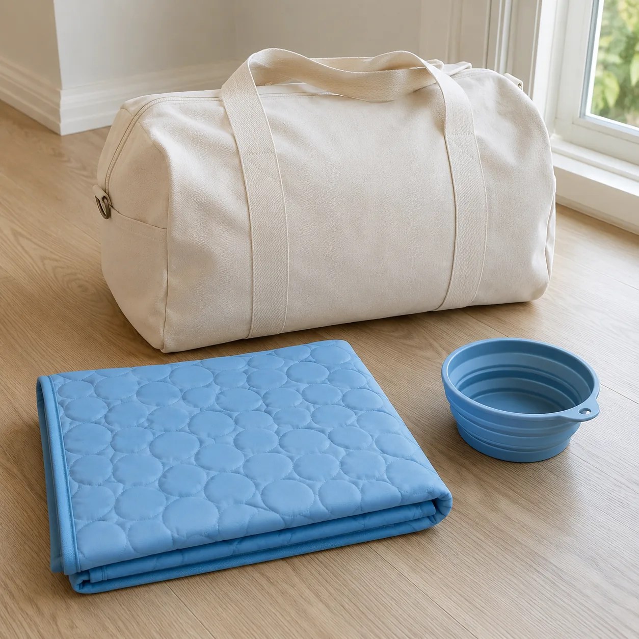Folded cooling mat next to a travel bag and a collapsible bowl