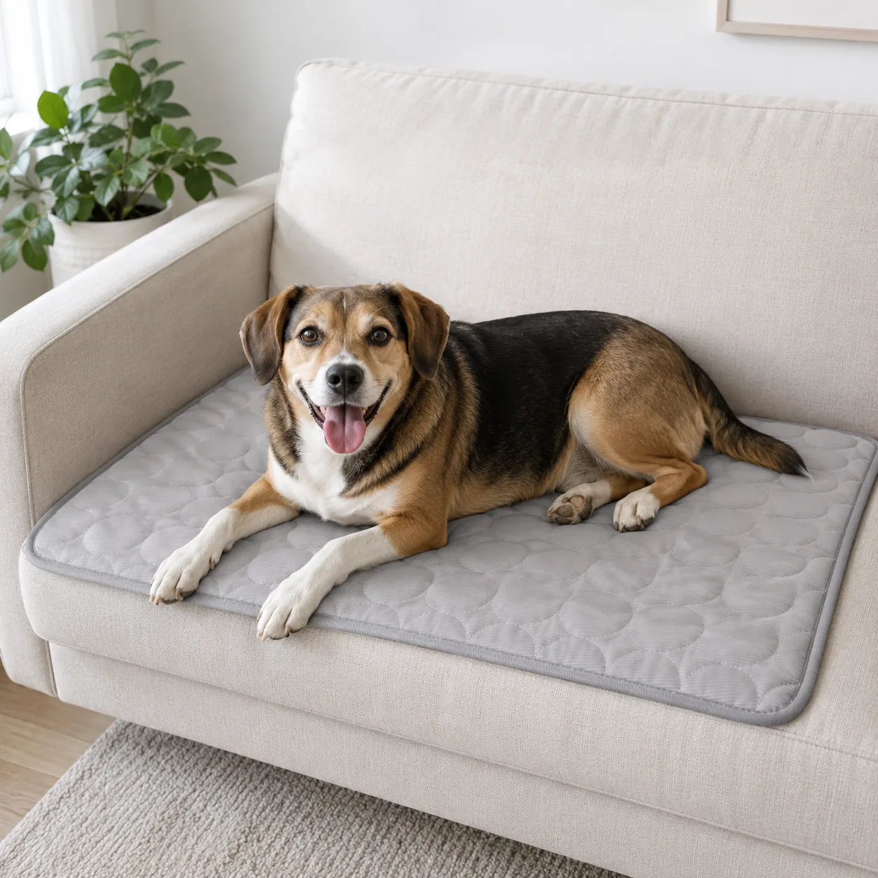 Cooling mat on the couch cushion, the dog on it instead of on the upholstery