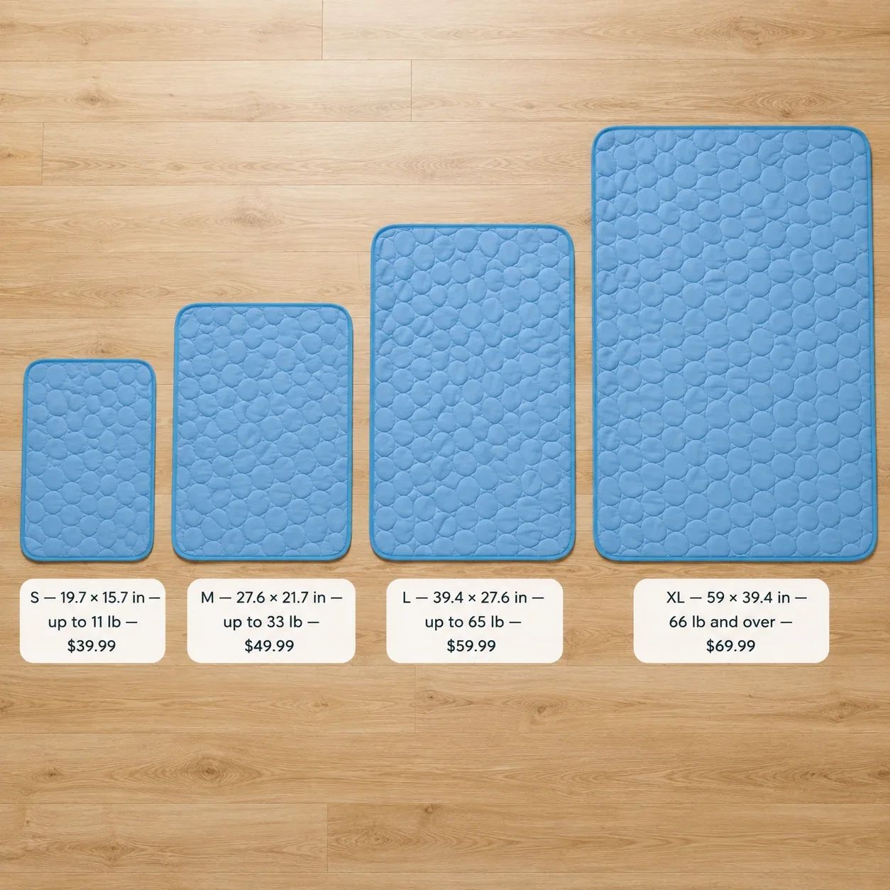 Chihuahua, French Bulldog, Labrador and German Shepherd on four cooling mats with the size chart